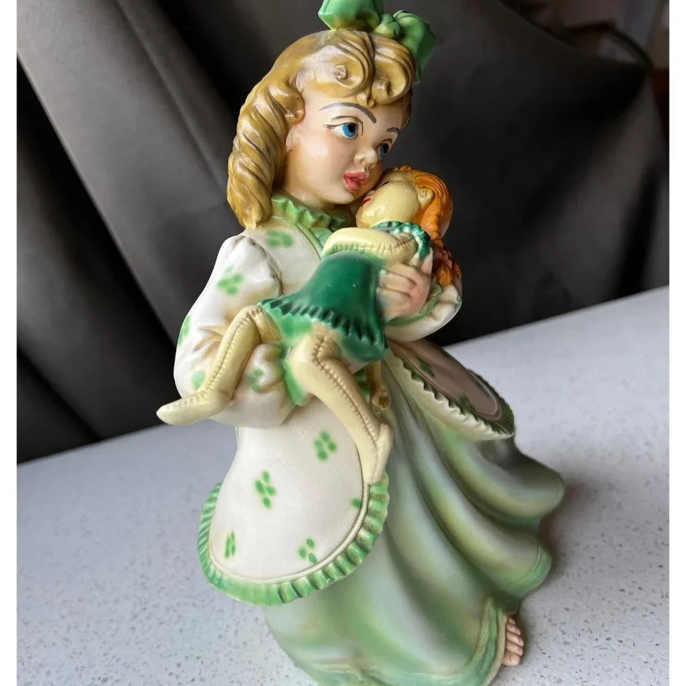 Signed Shull Ceramic Chalkware Girl with Doll 9” Figurine